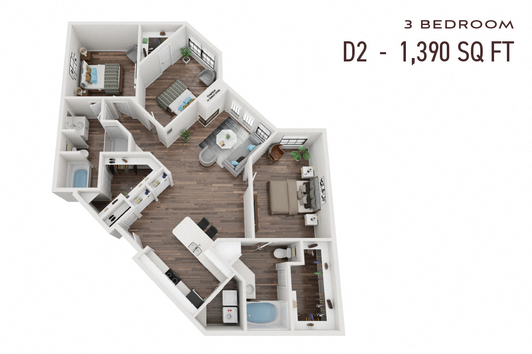 Floor plan for 3 beds, 2 baths, 1390 sqft